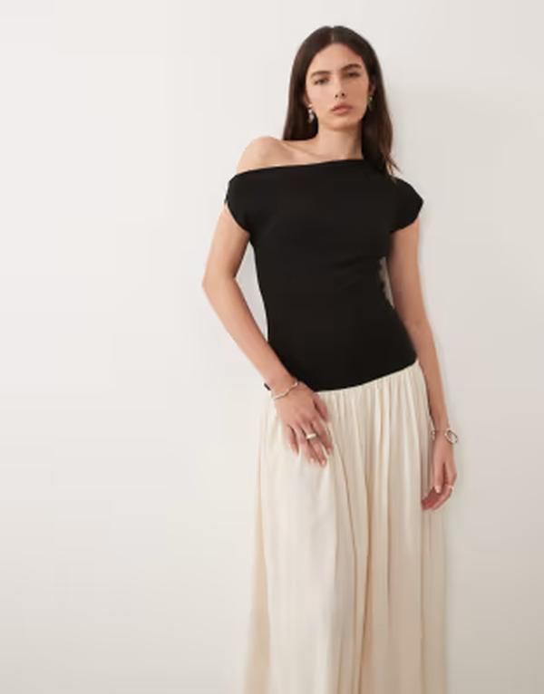 マンゴ レディース トップス ワンピース アシンメトリー マキシ Mango asymmetric drop waist color block maxi dress and stone BEIGE