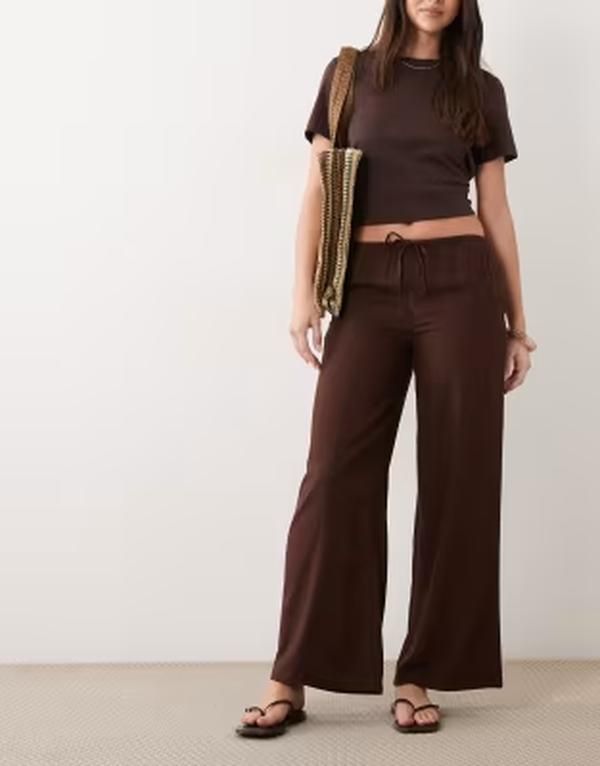 マンゴ レディース ボトムス カジュアルパンツ ストレート Tシャツ リネン Mango Teen linen mix tie waistraight leg pants BROWN ブラウン