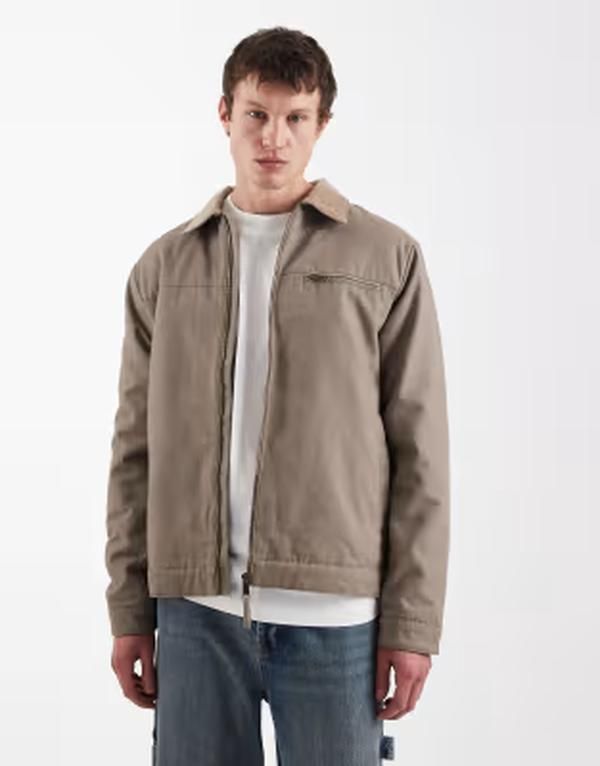 スリードベア メンズ アウター ジャケット・ブルゾン コントラスト Threadbare zip front barn jacket with contrasting collar in taupe