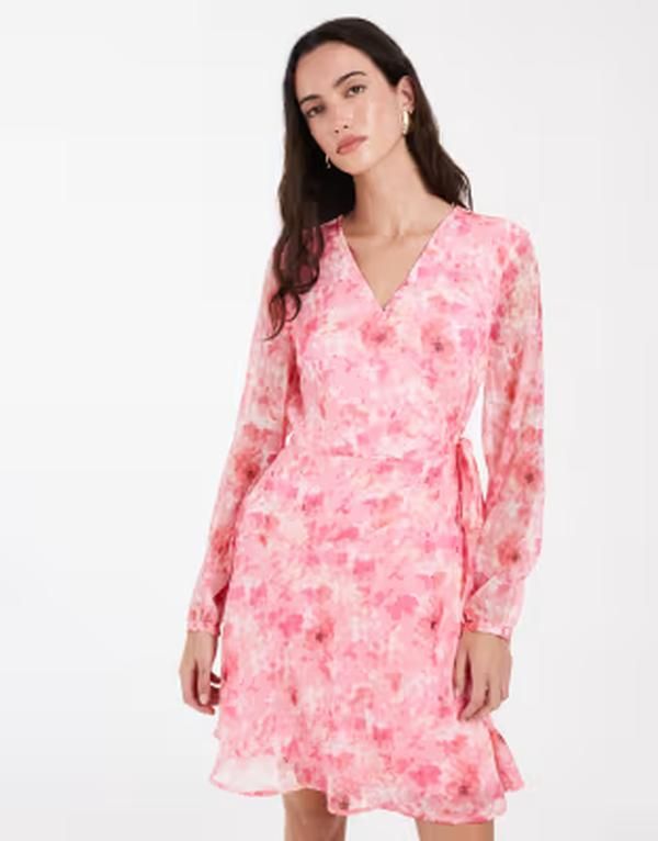 ヴェロモーダ レディース トップス ワンピース シフォン フラワー柄 プリント ミニ フラワー Vero Moda Smilla chiffon long sleeve wrap front mini