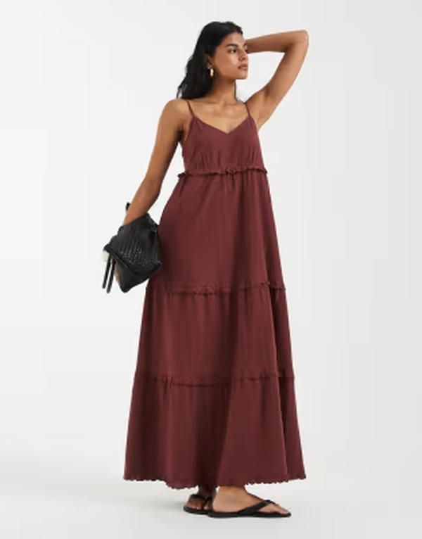 ヴェロモーダ レディース トップス ワンピース ティアード コットン マキシ Vero Moda cotton cami tiered maxi dress with scallop edge det