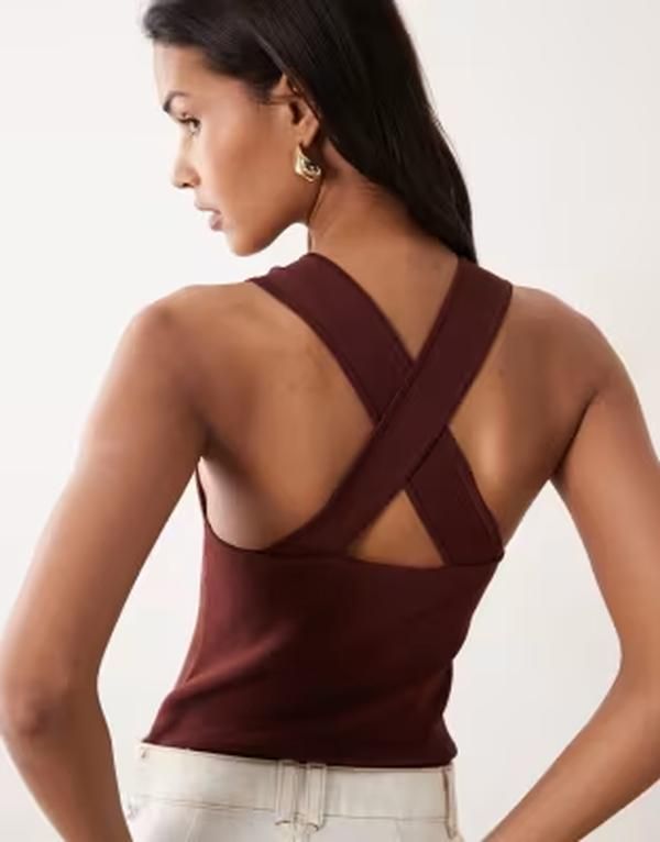 エイソス レディース トップス シャツ ASOS DESIGN compact cross back cami top in chocolate チョコレート エイソス レディース トップス シャツ ASOS DESIGN compact cross back cami top in chocolate チョコレート