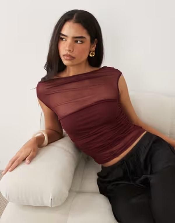 エイソス レディース トップス シャツ メッシュ ASOS DESIGN gathered short sleeve off shoulder mesh top Burgundy バーガンディ