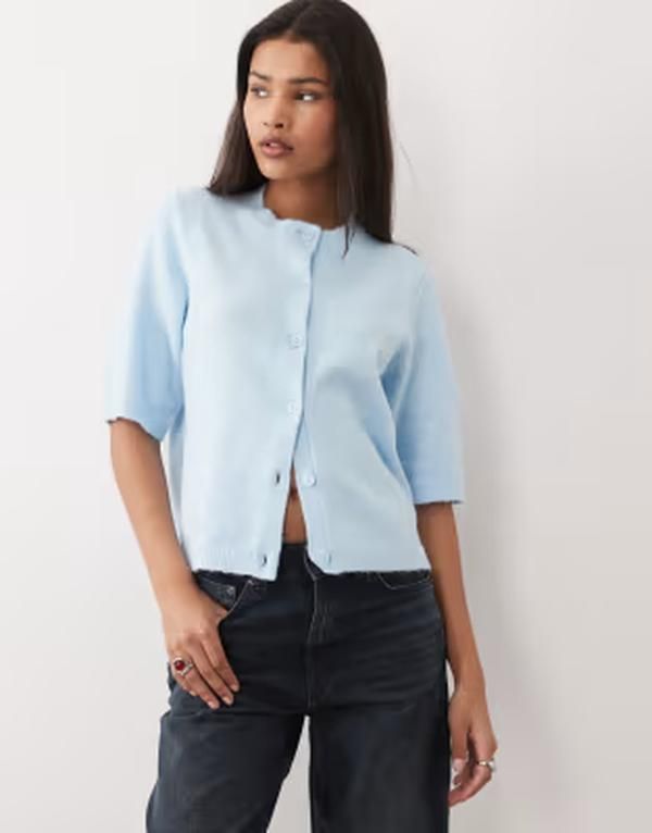 ヴィラ レディース アウター カーディガン ニット VILA short sleeve soft knit cardigan in light blue melange Nantucket breez