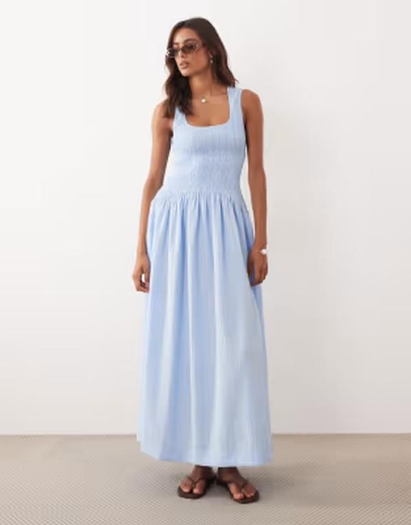 エイソス レディース トップス ワンピース マキシ ASOS DESIGN crinkle scoop neck maxi sundress with shirred waist in frosty