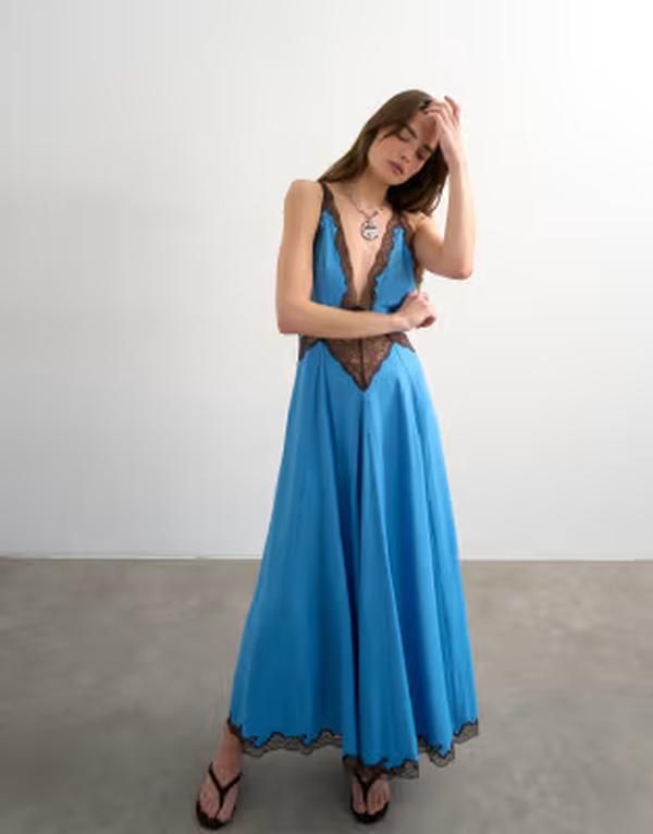 トップショップ レディース トップス ワンピース Vネック サテン コントラスト レース Topshop vneck satin slip dress with chocolatebrown cont