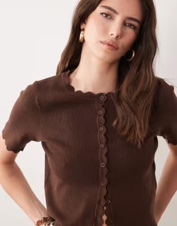 ブレーブソウル レディース アウター カーディガン Brave Soul scallop edge short sleeve cardigan in chocolate BROWN ブラウン