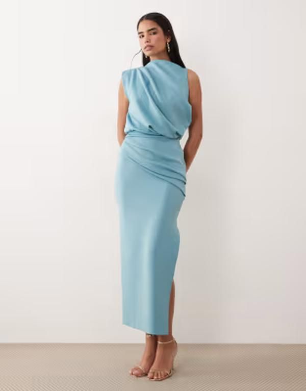エイソス レディース トップス ワンピース ドレープ ミディ ASOS DESIGN draped structured midi dress with split blue ブルー