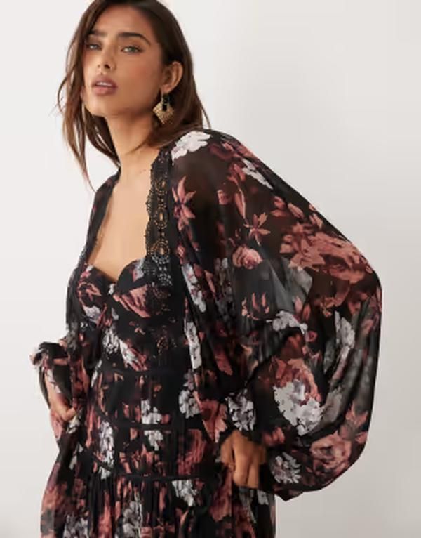 エイソス レディース トップス ワンピース レーストリム フラワー柄 プリント レース マキシ フラワー ASOS DESIGN lace trim long sleeve corset detail