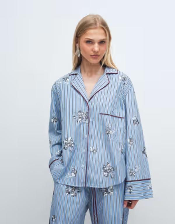 エイソス レディース トップス シャツ ASOS DESIGN embellished pajama shirt in stripes part of a set stripe ストライプ