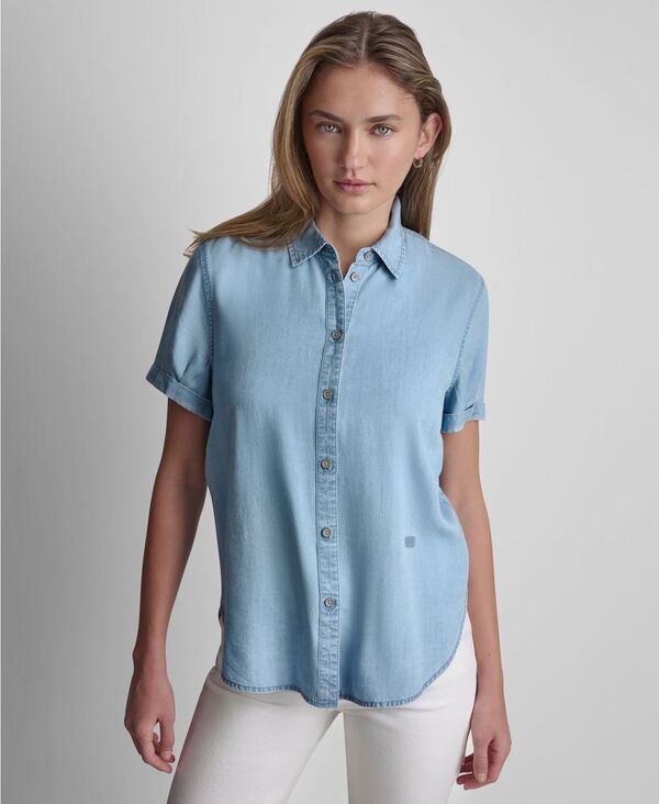 ダナキャランニューヨーク レディース トップス シャツ プリント 半袖 DKNY Jeans Womens Print Rolled ShortSleeve Shirt Chambray