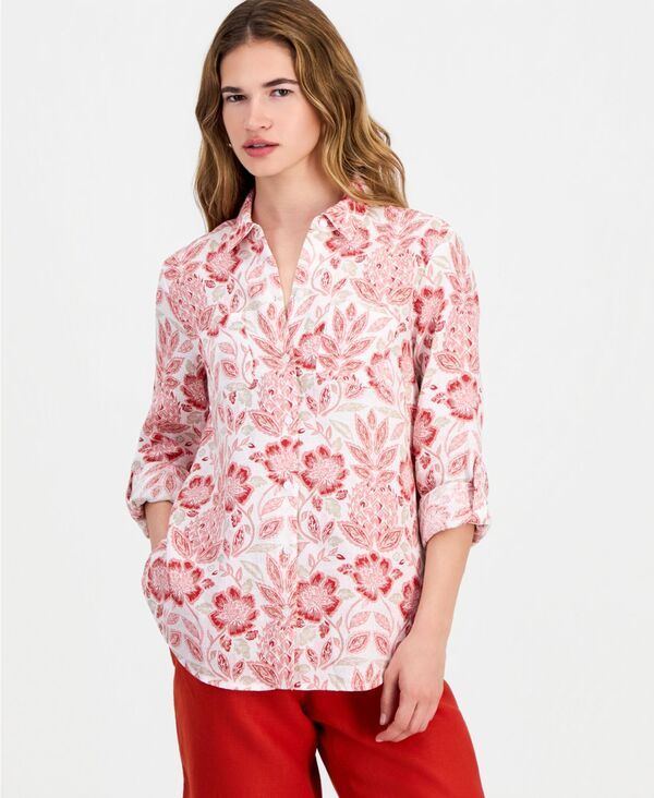 チャータークラブ レディース トップス シャツ リネン Charter Club Womens 100 Linen Shirt Created for Macys White Border Print
