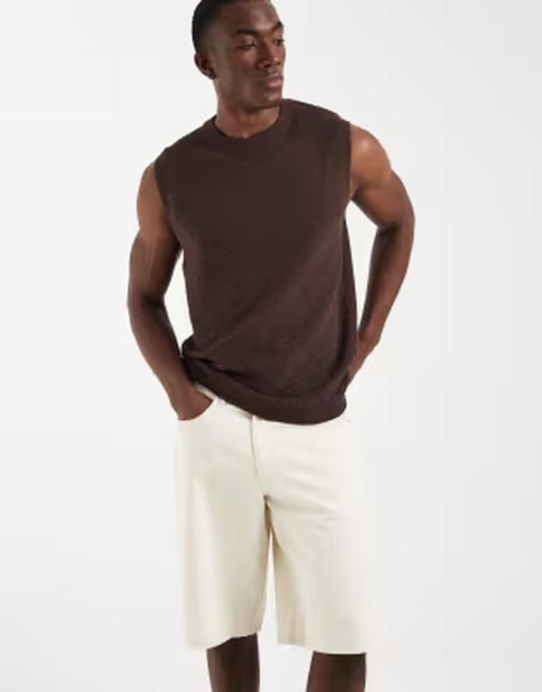 エイソス メンズ トップス ベスト ニット ASOS DESIGN relaxed knitextured cable tank BROWN ブラウン