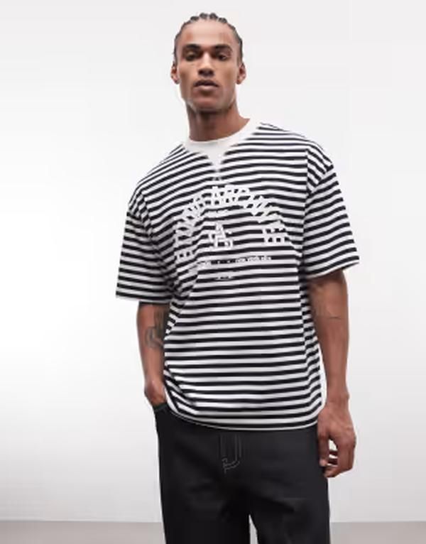 エイソス メンズ トップス Tシャツ プリント ASOS DESIGN oversized tshirt with puff printext stripes Navy stripe ネイビー