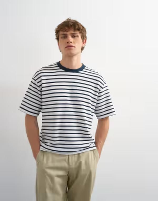 トップマン メンズ トップス Tシャツ リラックスフィット Topman relaxed fitextured tshirt with breton stripes BLUE ブルー