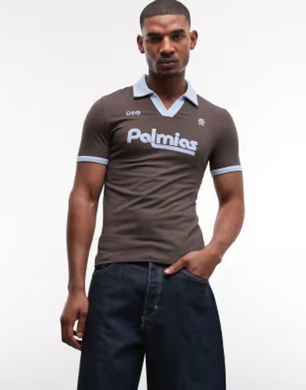 エイソス メンズ トップス Tシャツ ポロシャツ グラフィック ASOS DESIGN muscle fit ringer polo shirt with soccer graphics Mulch
