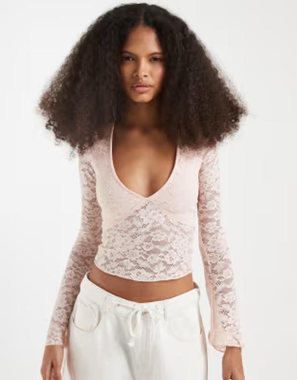 モーテル レディース トップス シャツ レース Motel Yamuna long sleeve lace top in soft PINK ピンク