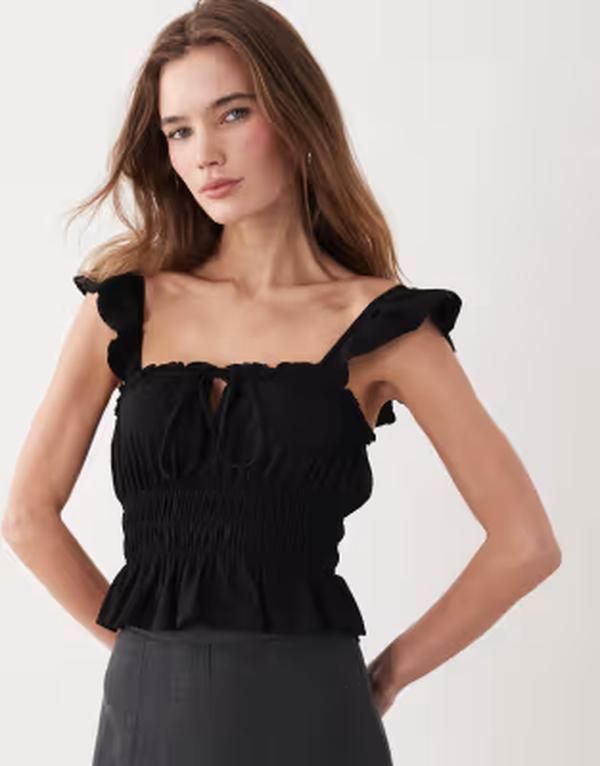 ミスセルフフリッジ レディース トップス シャツ フリル Misselfridge shirred top with ruffle sleeves Black ブラック