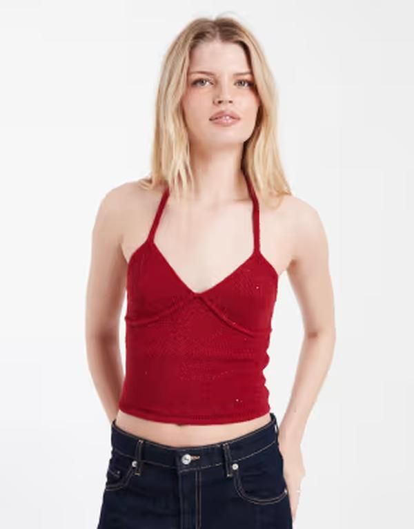コットンオン レディース トップス シャツ ニット ホルター Cotton sparkle knit halter neck top in jewel RED レッド