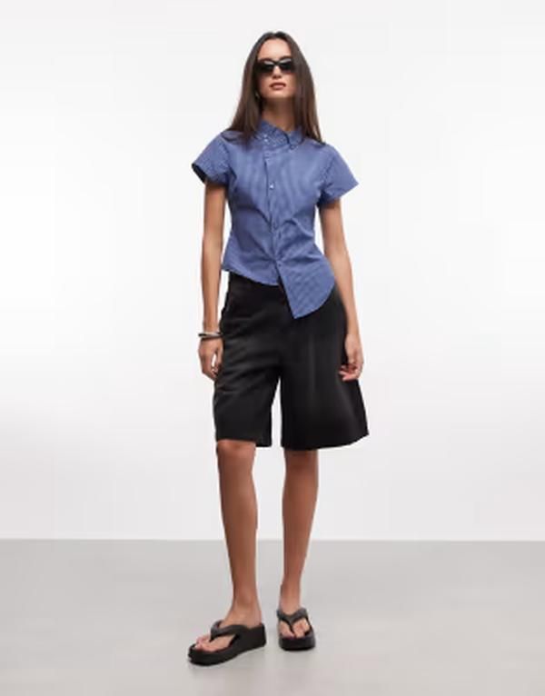 コルージョン レディース トップス シャツ アシンメトリー COLLUSION asymmetric short sleeve shirt check BLUE ブルー