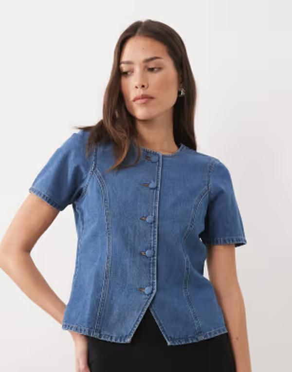 スリードベア レディース トップス Tシャツ デニム Threadbare short sleeve denim button up top in mid wash BLUE ブルー