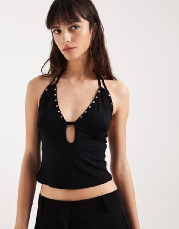 モーテル レディース トップス シャツ ホルター Motel Mioto keyhole studded halter neck cami top Black ブラック