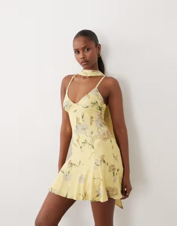 エイソス レディース トップス ワンピース フラワー柄 プリント ミニ メッシュ フラワー ASOS DESIGN printed mesh scarf detail godet mini dress
