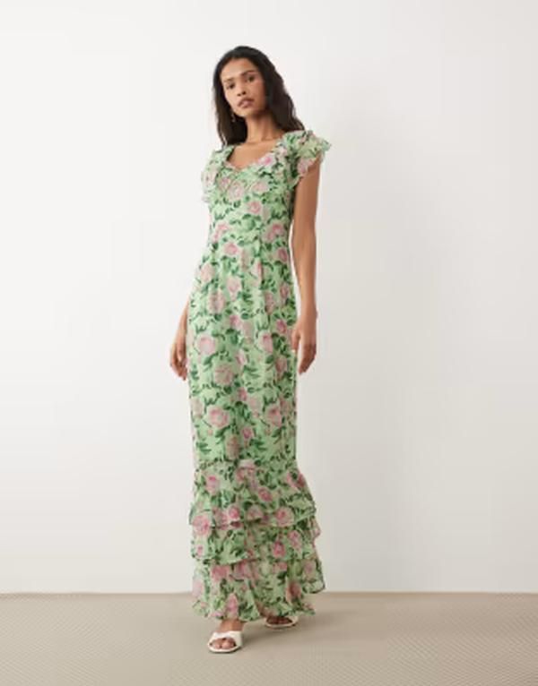 ヴィラ レディース トップス ワンピース プリント マキシ Vila flutter sleeve maxi dress in sage green rose print Smoke green スモ
