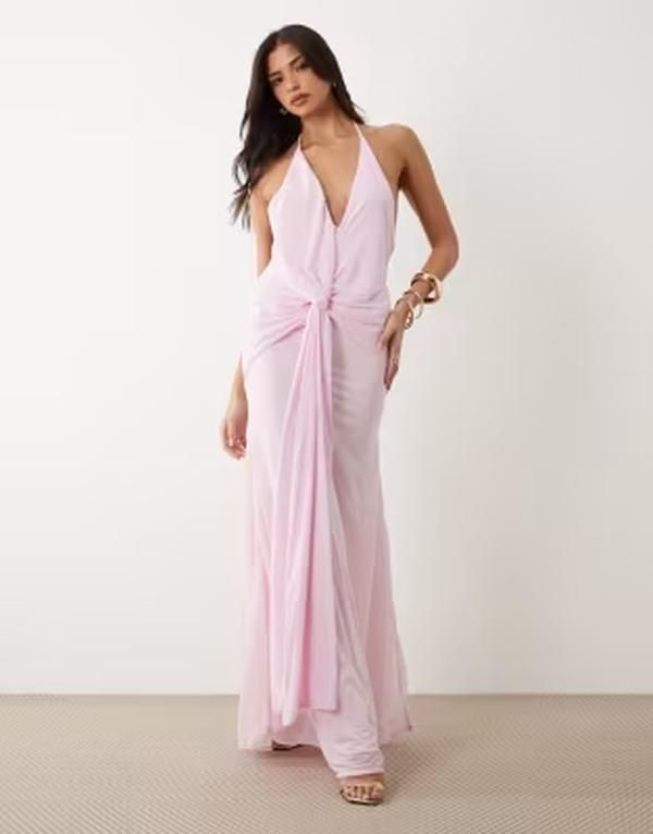 エイソス レディース トップス ワンピース マキシ ASOS DESIGN plunge neck maxi dress with frill detailing in dusty PINK ピンク