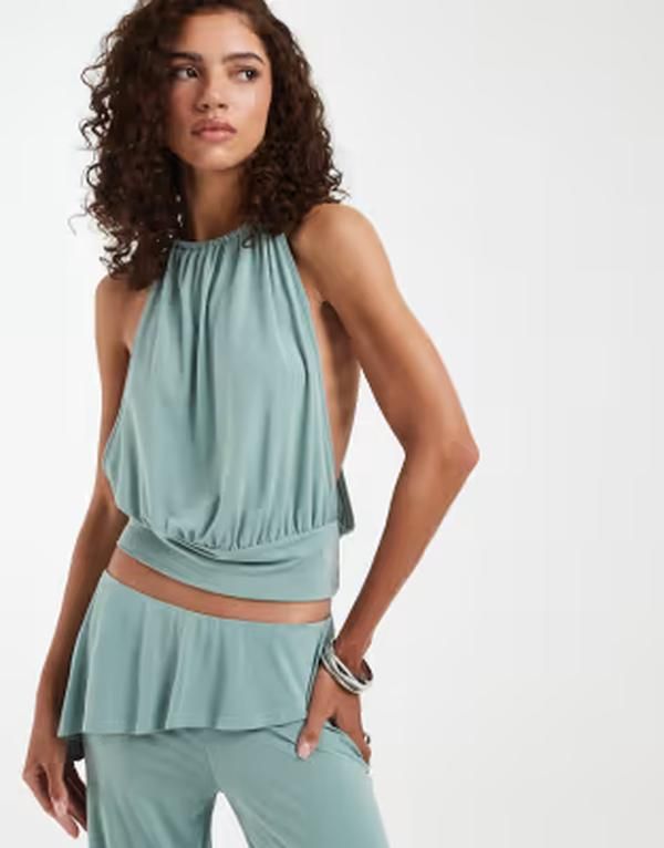 モーテル レディース トップス シャツ ホルター Motel Miruna halter top in aqua BLUE ブルー