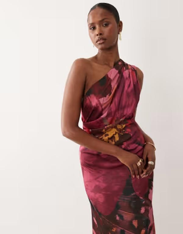 エイソス レディース トップス ワンピース フラワー柄 プリント サテン マキシ フラワー ASOS DESIGN one shoulder satin maxi dress with pleat d