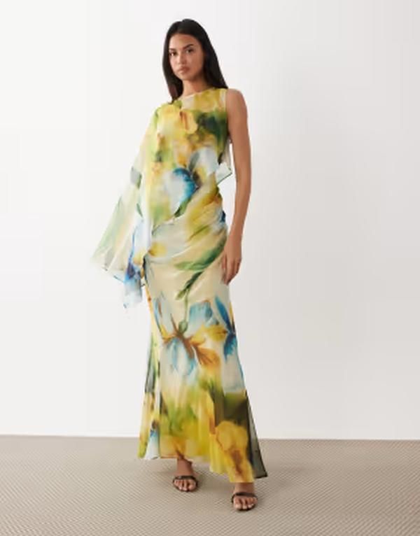 エイソス レディース トップス ワンピース アシンメトリー フラワー柄 ドレープリント マキシ フラワー ASOS DESIGN draped batwing asymmetric one sleev