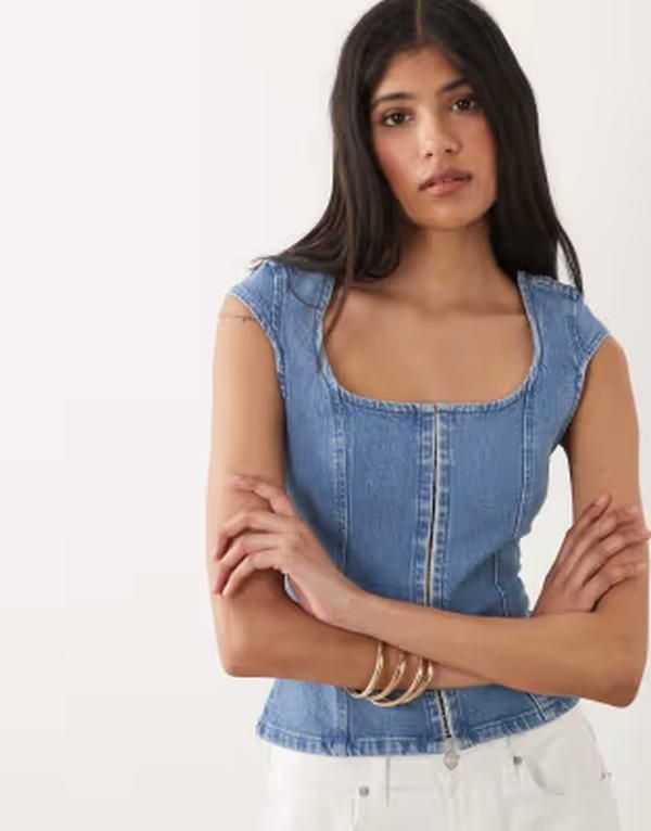 ミスセルフフリッジ レディース トップス シャツ デニム Misselfridge denim corsetop in mid blue wash Mid Wash デニム