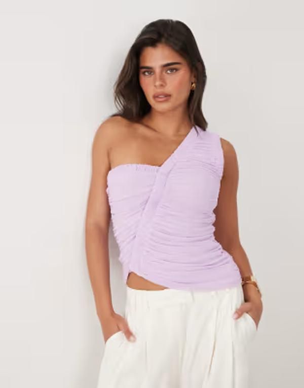 エイソス レディース トップス Tシャツ アシンメトリー ギャザー メッシュ ASOS DESIGN mesh ruched asymmetrical top in lilac ライラック