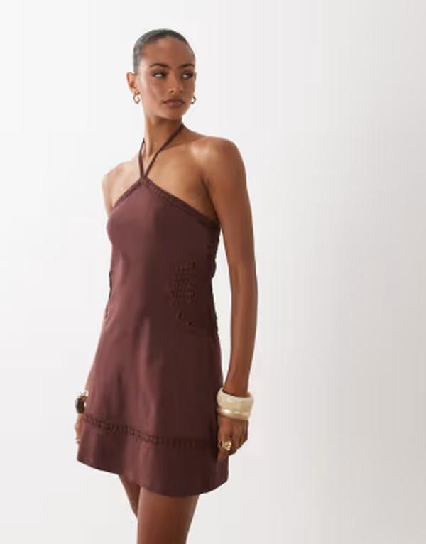 エイソス レディース トップス ワンピース ミニ ホルター ASOS DESIGN fit and flare crochet patchalter mini dress chocolate チョコレ