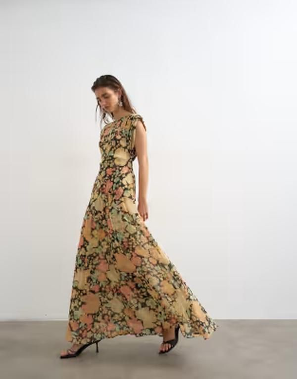 トップショップ レディース トップス ワンピース オープンバック フラワー柄 プリーツ マキシ フラワー Topshopleated open back maxi dress and green fl