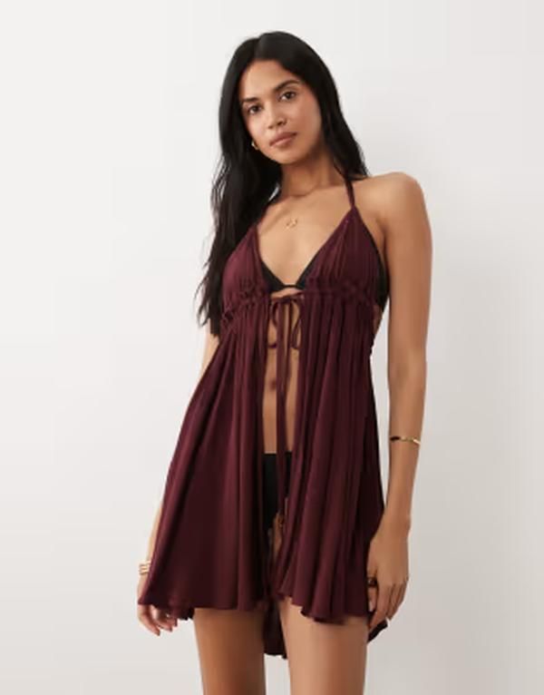 ミスセルフフリッジ レディース トップス ワンピース ミニ ホルター Misselfridge tie front halterneck mini beach cover up in plum プラム