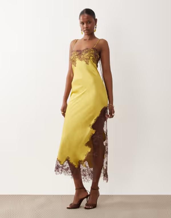 エイソス レディース トップス ワンピース ミディ サテン レース ASOS DESIGN satin lace applique midi dress in bright olive Bright