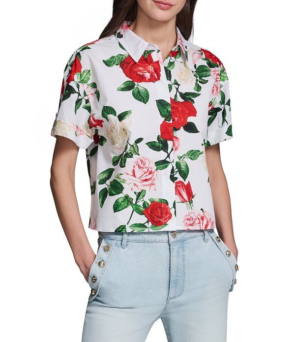 カール ラガーフェルド レディース トップス シャツ フラワー柄 フラワー KARLAGERFELD PARIS Poplin Floral Point Collar Short Sleeve Cam