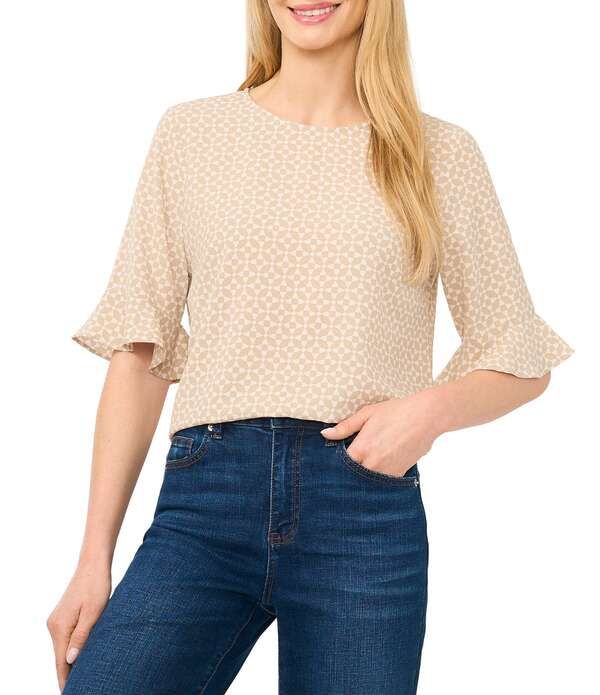 セセ レディース トップス シャツ クルーネック フリル ブラウス CeCe Geometricrew Neck Short Sleeve Ruffle Cuff Blouse Birch