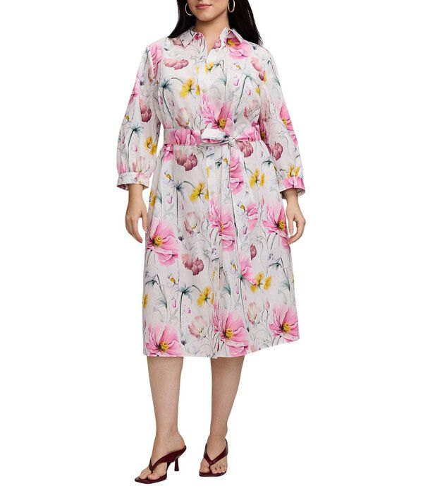 フォックスクラフト レディース トップス ワンピース フラワー柄 プラスサイズ ミディ シャツ コットン フラワー Foxcroft Plusizesther Cotton Delicate Flor