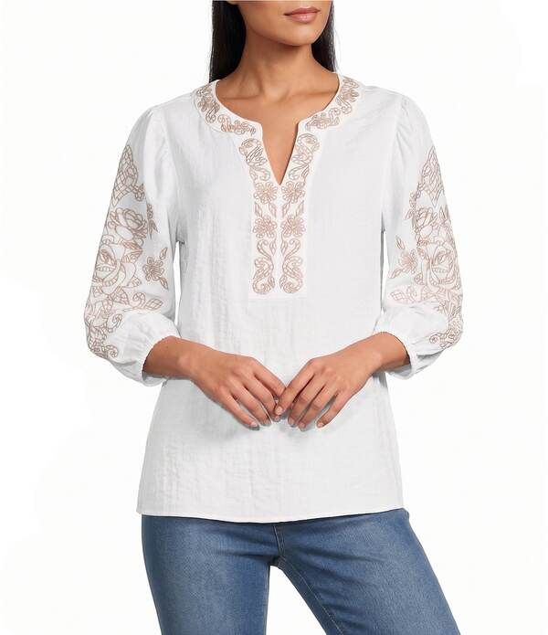 マルチプルズ レディース トップス シャツ 刺繍 Multiples Crinkle Woven Embroidered Split Round Neck 34 Raglan Sleeve Top W