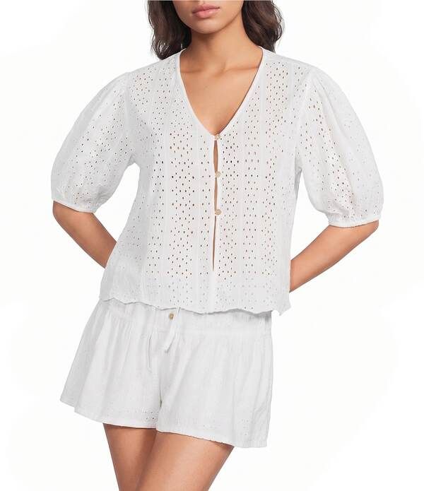 エラン レディース トップス シャツ Vネック ELAN Eyelet VNeck Short Sleeve Scalloped Hem ButtonFront Shirt White ホワイト