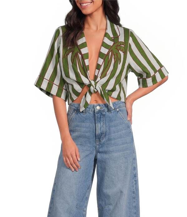 ファーム レディース トップス シャツ Vネック プリント レース リネン Farm Rio Spring Stripes Palm Placement Print VNeck Short Sleev
