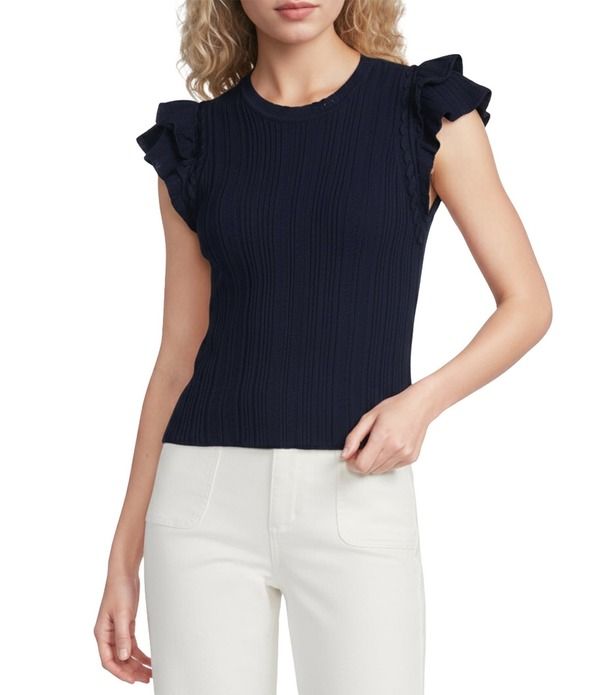 スカイズアブルー レディース アウター ニット・セーター クルーネック フリル キャップ Skies Are Blue Crew Neck Ruffle Cap Sleeve Sweater Knit