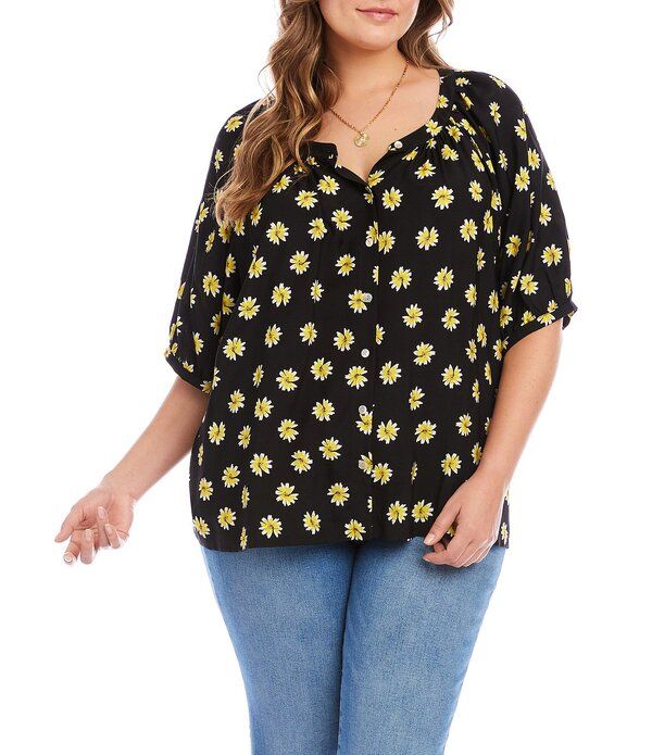 カレンケーン レディース トップス シャツ フラワー柄 プラスサイズ フラワー Karen Kane Plusize Coordinating Woven Floral Scoop Neck Shor