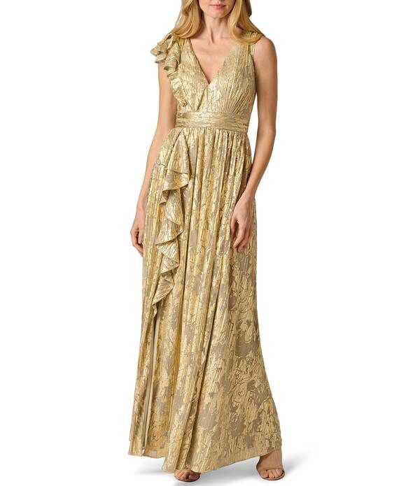 アドリアナ パペル レディース トップス ワンピース Vネック フリル トール ノースリーブ Adrianna Papell Metallicrinkle VNeck Sleeveless Ruffl