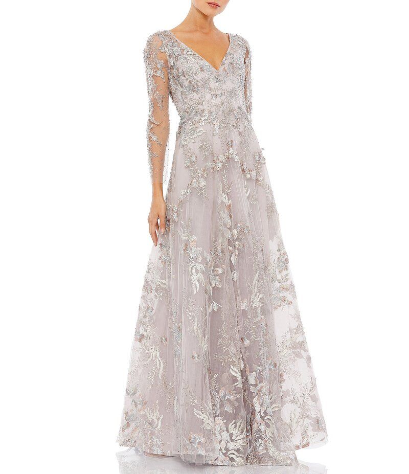 マックダガル レディース トップス ワンピース A ライン Mac Duggal Appliqued Illusion Long Sleeve A Line Gown Vintage Lilac ライ