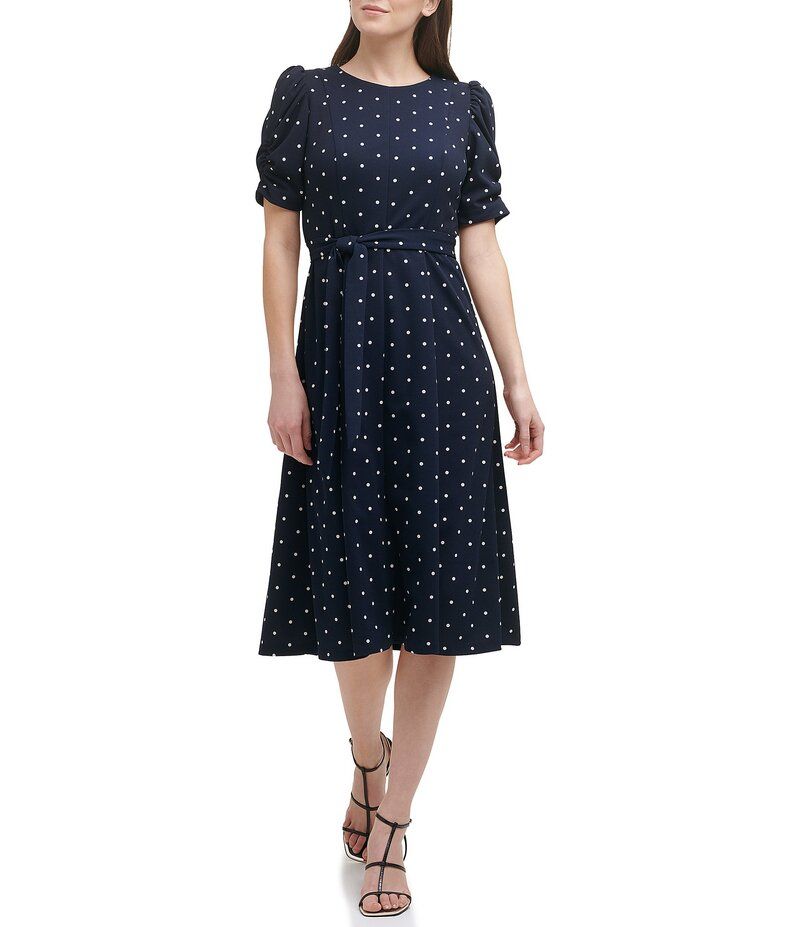 ダナキャラン レディース トップス ワンピース クレープリント ギャザー ミディ スキューバ DKNY by Donna Karan Dotted Print Scuba Crepe Short Ru