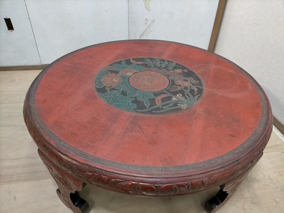 中国骨董 唐家具 飾彫り 円卓 座卓 ちゃぶ台 センターテーブル 古家具レトロ